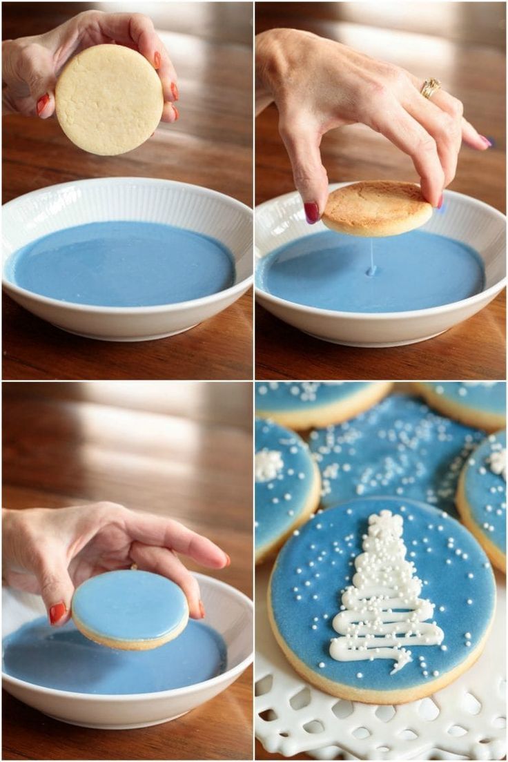 Holiday Cookies Dipped in Glossy Blue Icing with Festive Decor.