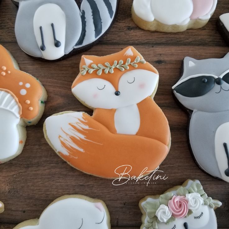 Whimsical Fox Cookie Design with Intricate Icing and Floral Crown.