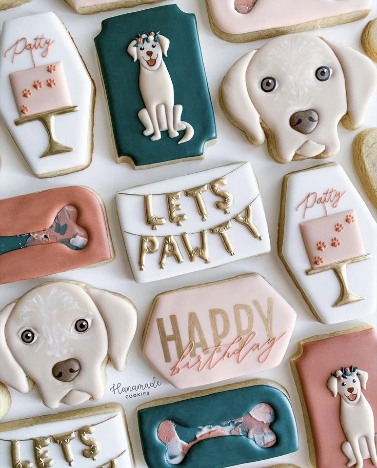 Whimsical Dog-Themed Cookies with Vibrant Colors and Intricate Icing Designs.