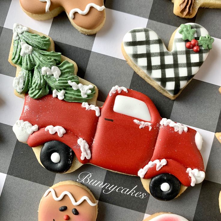 Charming Festive Cookie Design: Classic Red Truck with Christmas Tree and Snowy Icing