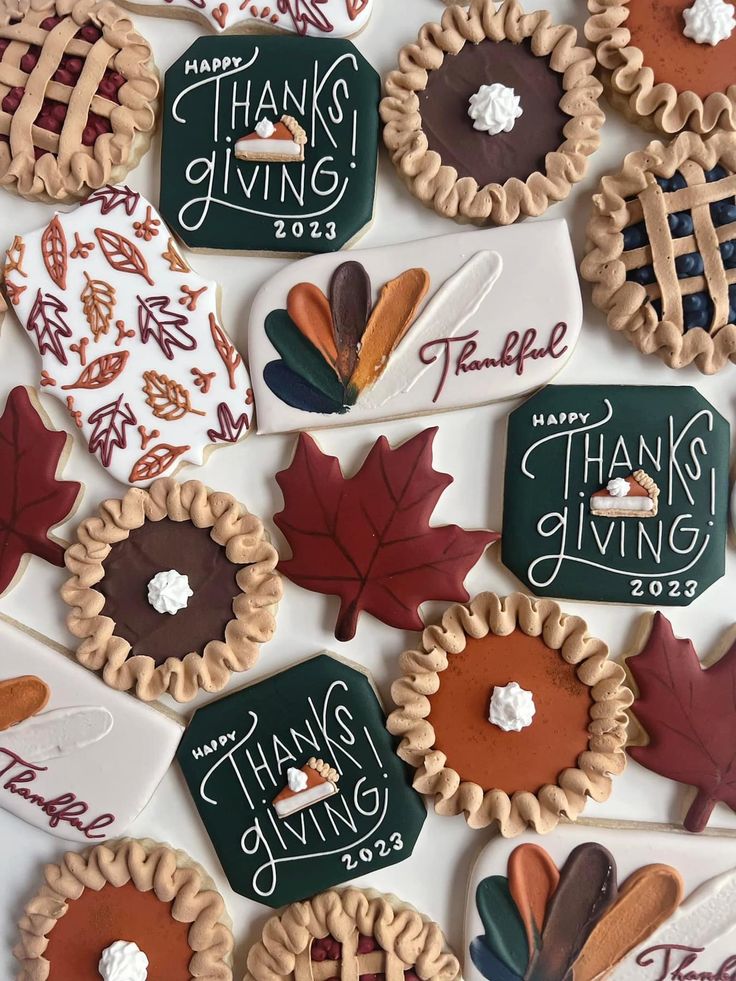 Autumn-Inspired Festive Cookie Arrangement Celebrating Thanksgiving with Detailed Icing Designs.