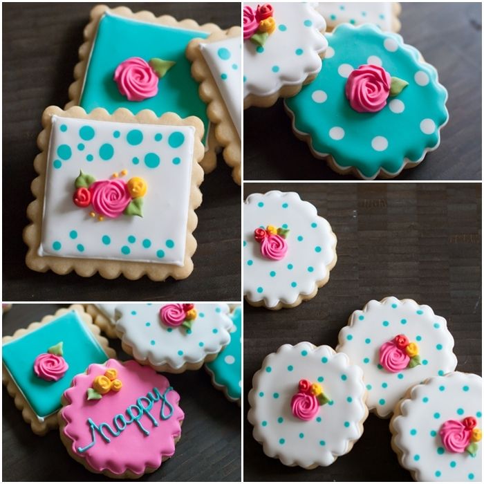 Whimsical Decorated Cookies: Turquoise Backgrounds with Floral Accents and Playful Designs.