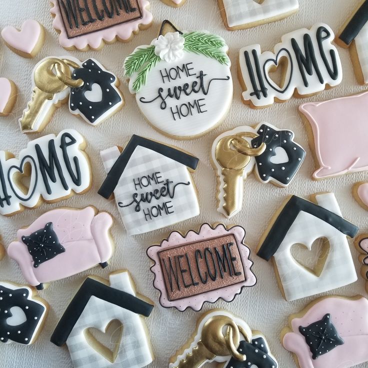 Cozy Home-Themed Decorative Cookies with Charming Designs and Soft Pastel Colors.