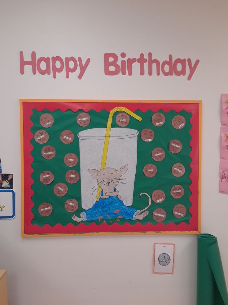 Cheerful Birthday Bulletin Board Featuring Playful Mouse and Festive Decorations.