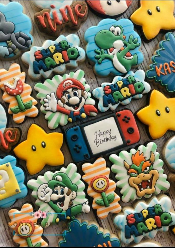 Whimsical Colorful Cookie Designs Featuring Super Mario Characters for Festive Celebrations.