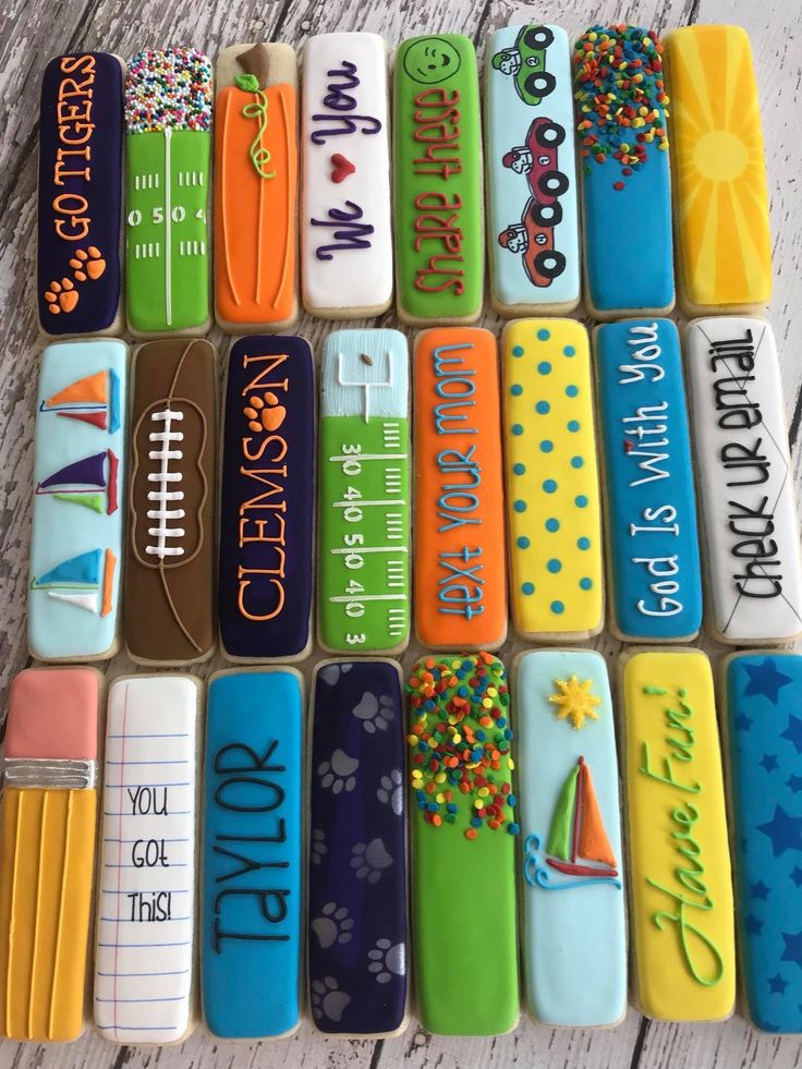 Colorful Decorative Cookies Celebrating Themes of Sports, School Pride, and Motivation.