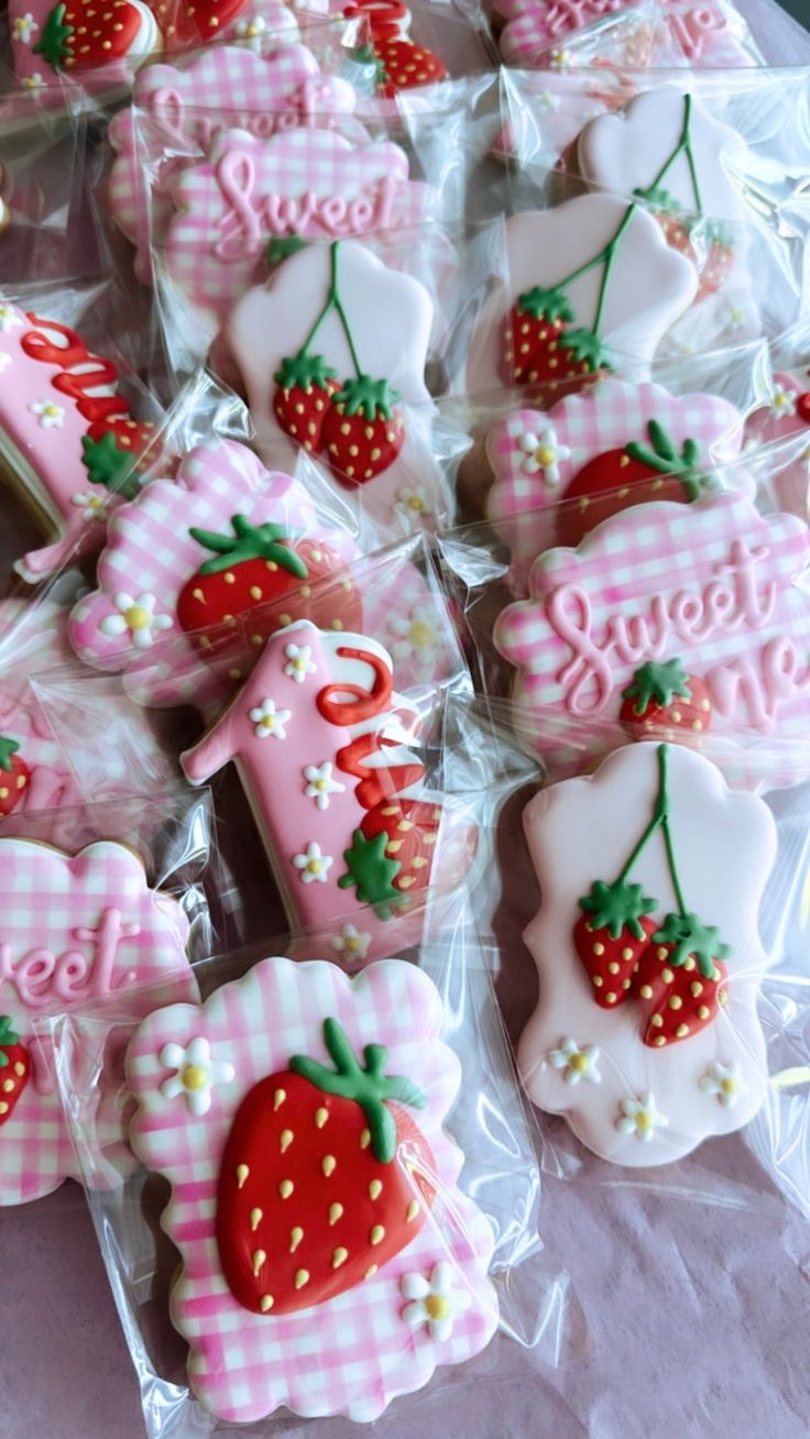 Vibrant Strawberry-Inspired Cookies with Whimsical Designs for Sweet Celebrations