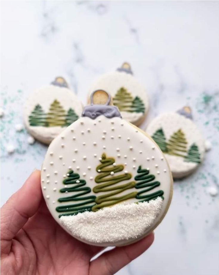 Cozy Holiday Ornament Cookie Design with Winter Trees and Snow Textures