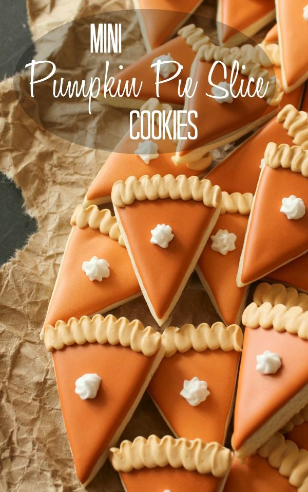 Whimsical Pumpkin Pie Slice Cookies with Bright Orange Icing and Whipped Cream Details.