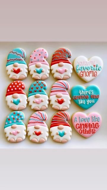 Whimsical Gnome Cookie Designs Brighten Festive Displays with Heart-Shaped Delights.