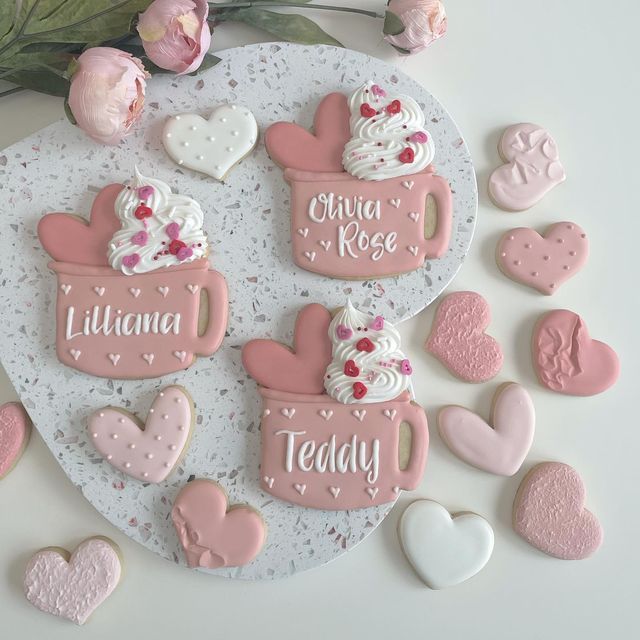 Whimsical Mug-Shaped Decorative Cookies with Pastel Colors and Heart Accents