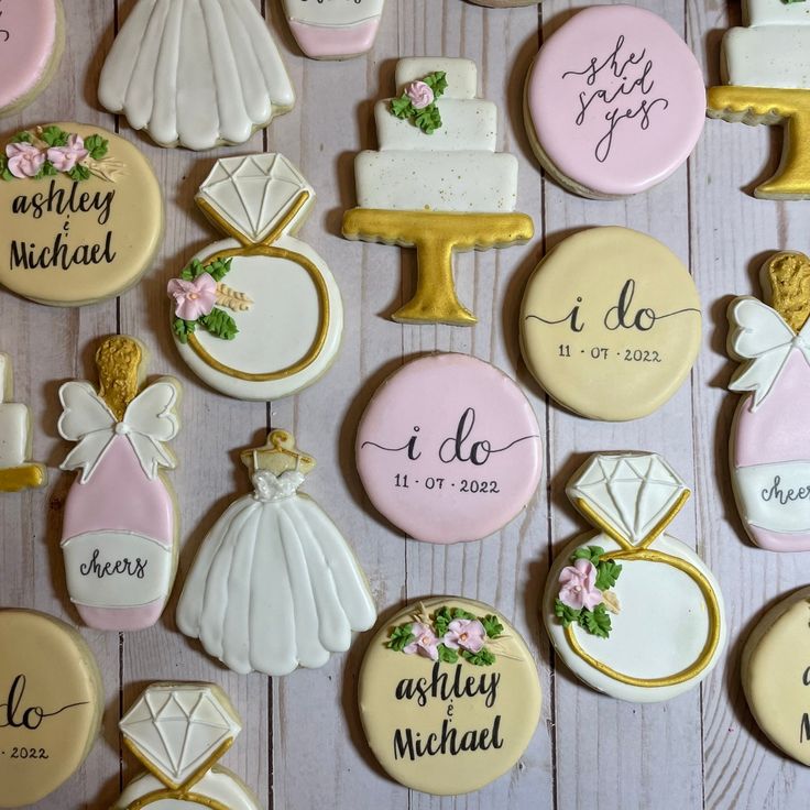 Elegant Wedding-Themed Decorative Cookies Featuring Intricate Icing and Pastel Accents.