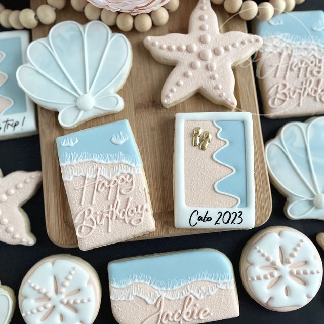 Elegant Pastel Ocean-Themed Birthday Cookies with Seashell and Beach Motifs