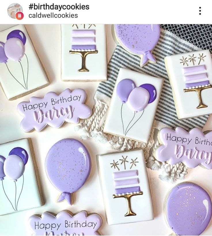 Festive Purple-Themed Cookie Designs with Birthday Accents.