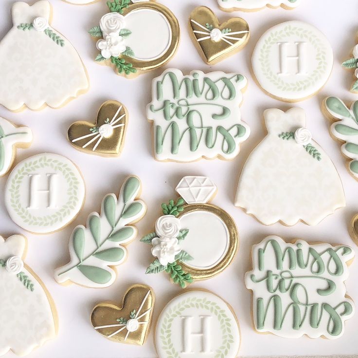 Elegant Wedding-Themed Cookie Designs: Romantic Gowns, Hearts, and Sophisticated Accents.