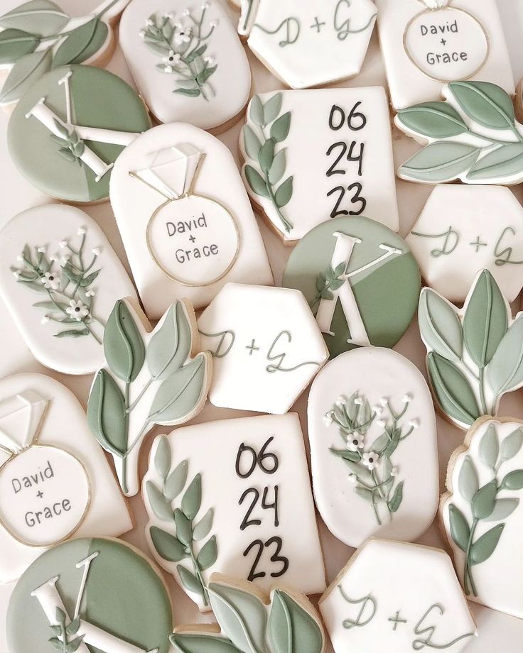 Charming Elegant Cookie Designs for Wedding Celebrations in Soft Green and Cream Tones