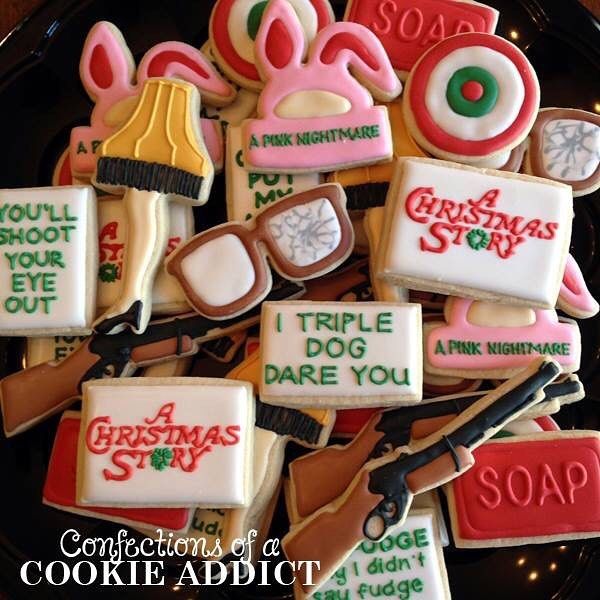 Festive Holiday-Themed Colorful Cookie Assortment Inspired by Classic Films.