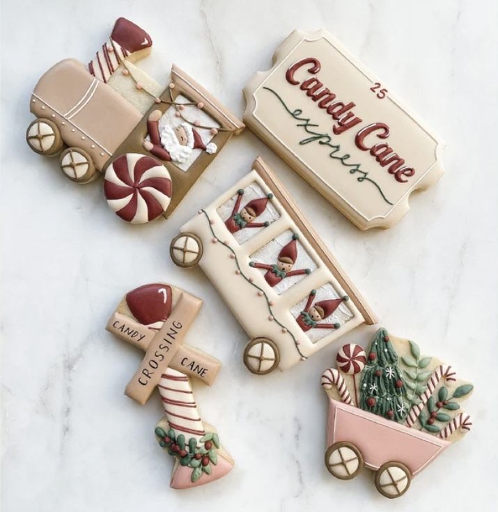 Whimsical Festive Cookie Designs: Charming Trains, Candy Canes, and Cheerful Holiday Motifs