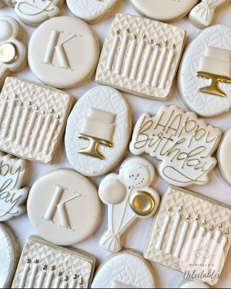 Elegant Soft White and Gold Birthday Cookie Designs with Intricate Textures.