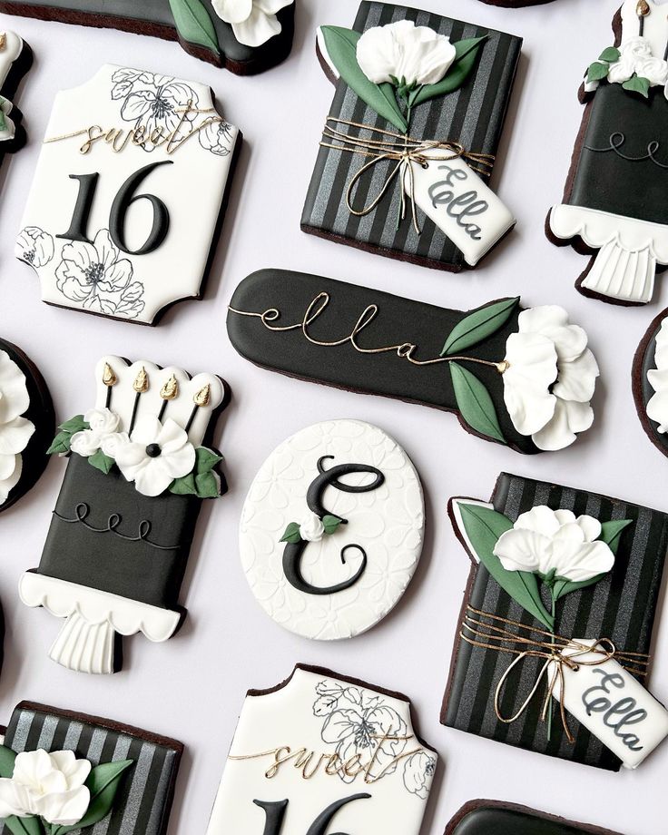 Elegant Floral-Inspired Cookie Designs with Personalized Messages and Sophisticated Color Palette.