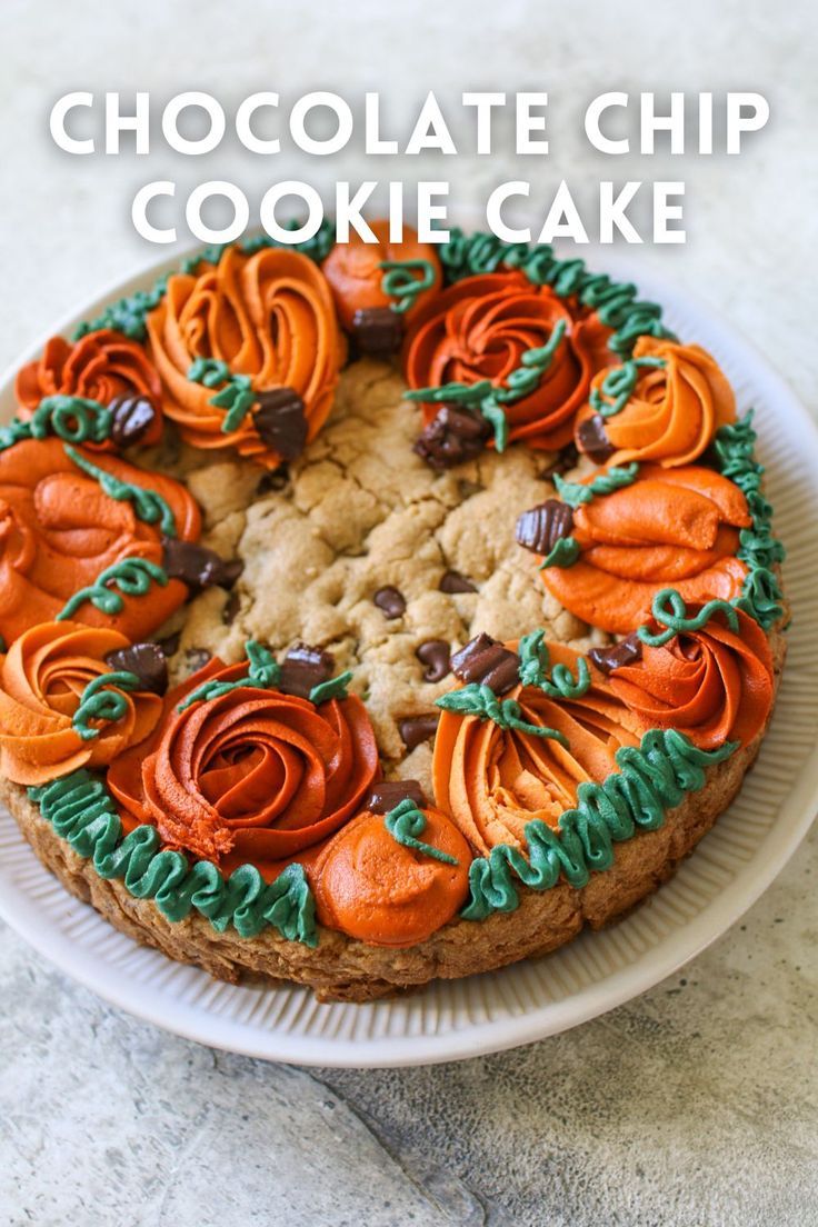 Festive Pumpkin Patch-Inspired Cookie Cake with Vibrant Icing and Chocolate Chips.