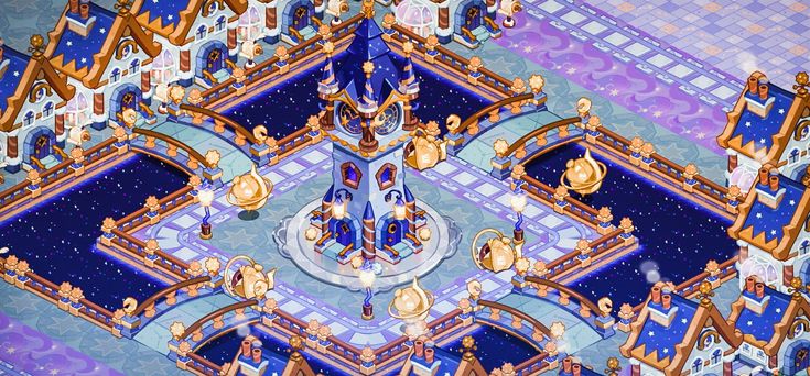 Whimsical Winter Village: Intricate Architecture in Vibrant Blue and Warm Gold.