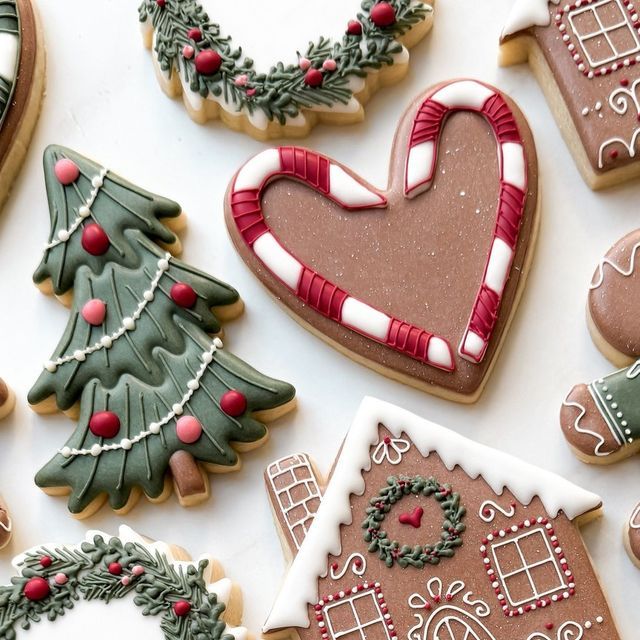 Intricate Festive Cookie Designs: Adorable Shapes and Vibrant Seasonal Colors.