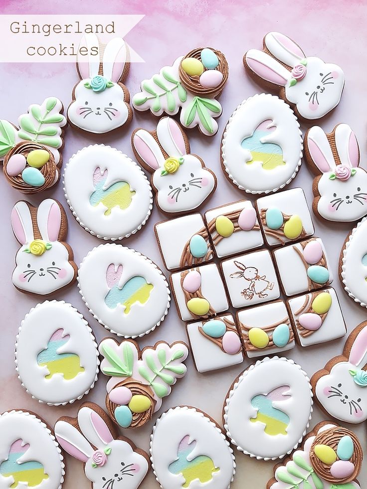 Colorful Easter Cookies with Whimsical Bunny and Egg Designs.