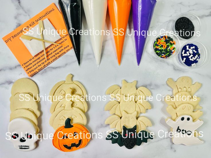 Decorative Halloween Cookie Kit: Uniced Shapes and Fun Icing Accessories for Festive Baking.