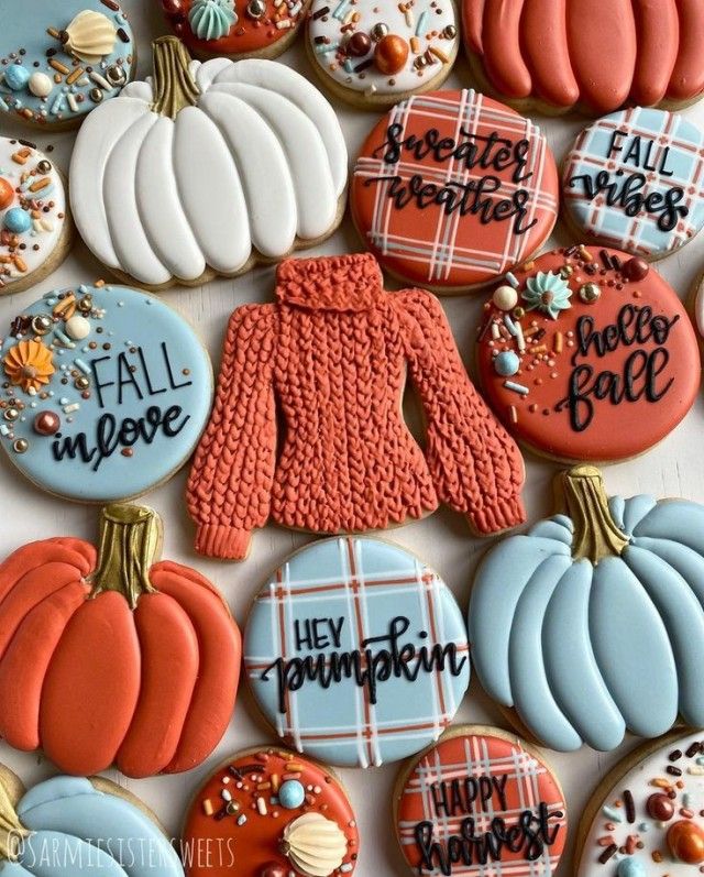 Delightful Fall-Inspired Decorated Cookies with Vibrant Designs and Festive Messages.