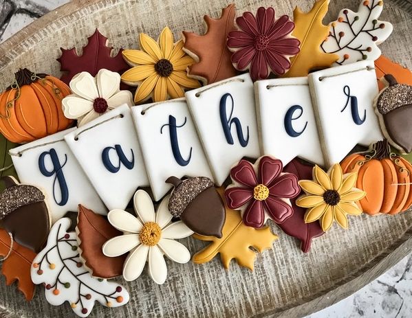 Autumn-Inspired Cookie Display: A Festive Array of Treats and Colorful Decorations.