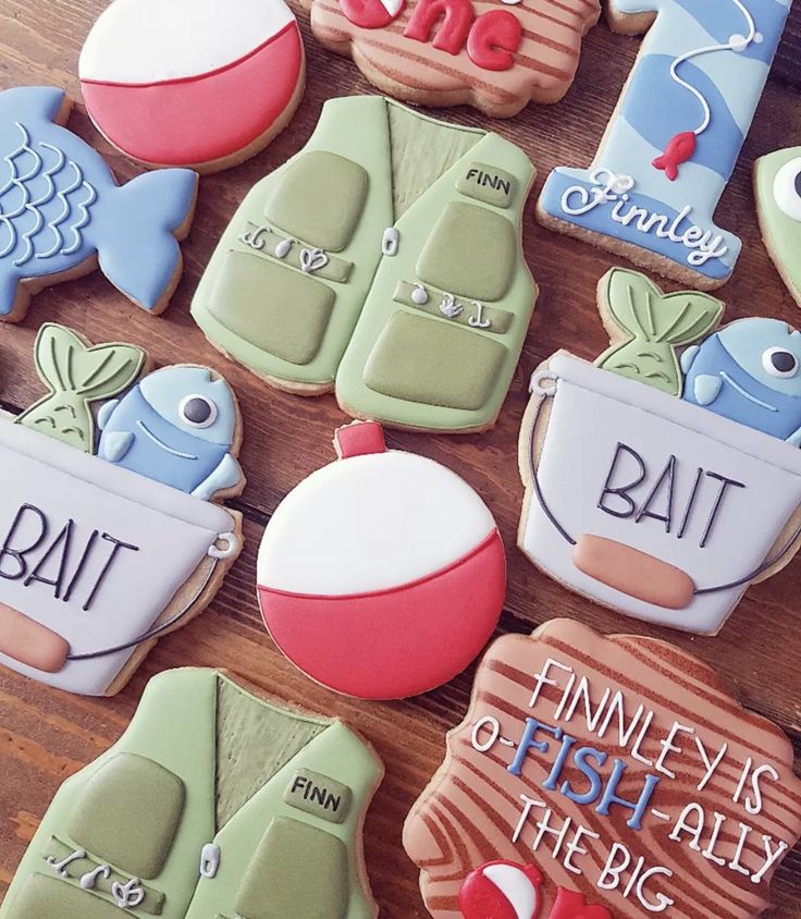 Whimsical Fishing-Themed Colorful Cookies for a Fun Birthday Celebration.