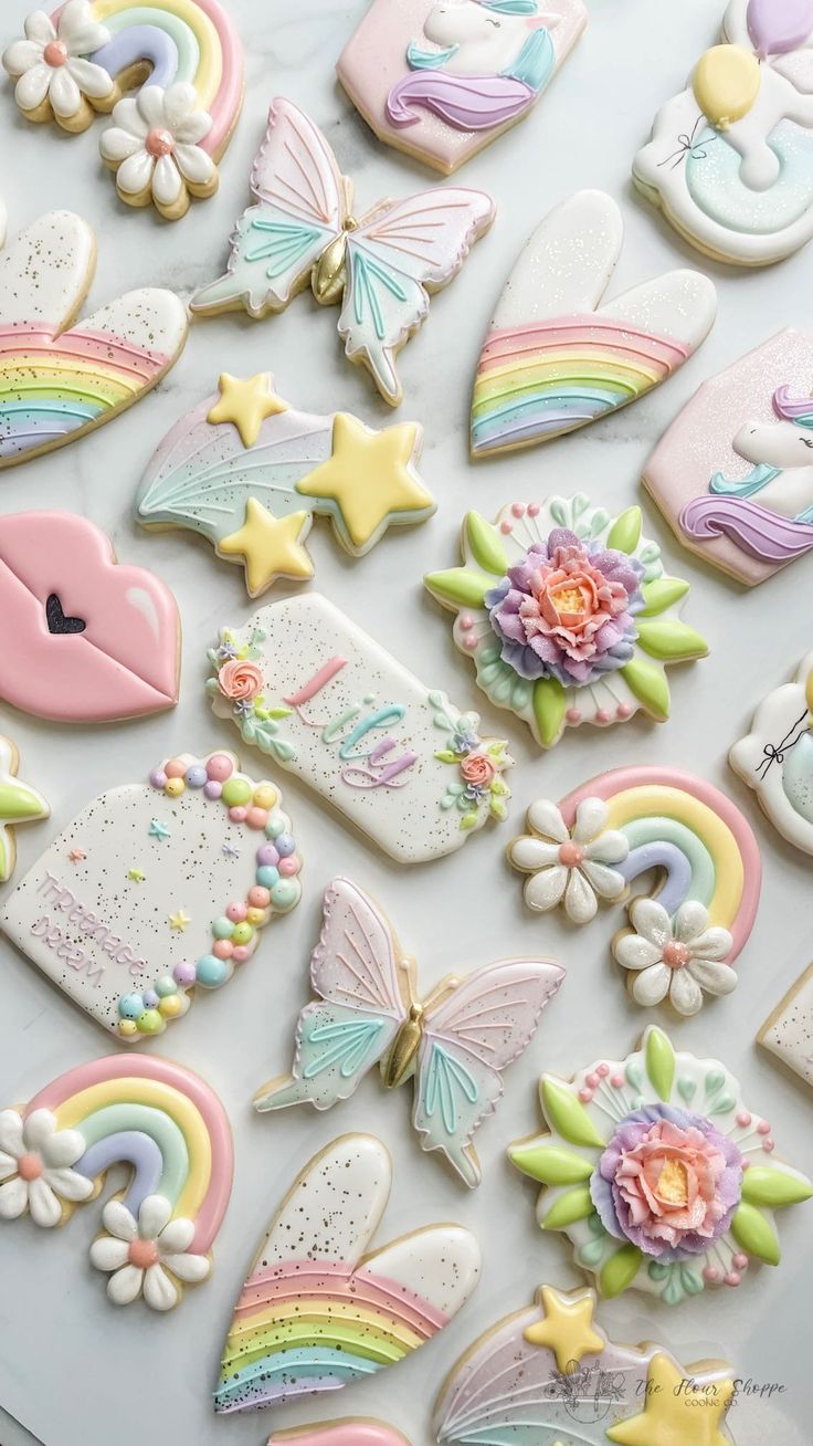 Whimsical Pastel Sugar Cookies with Intricate Icing Designs.