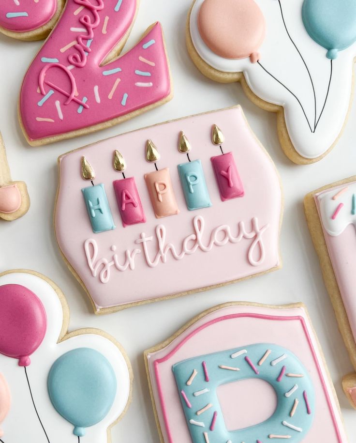 Whimsical Pastel Birthday Cookies: Festive Designs and Cheerful Colors.