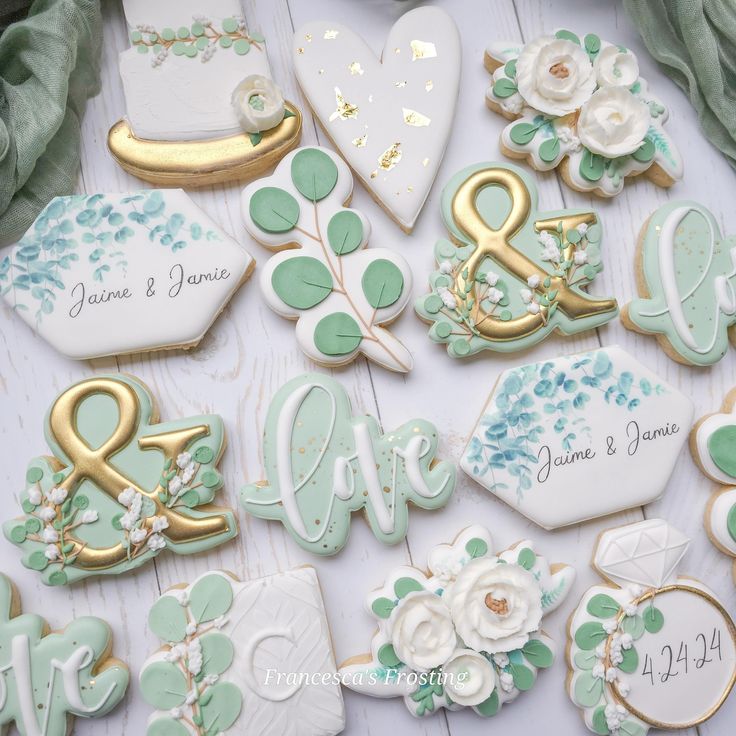 Elegant Mint Green and White Floral Iced Cookies with Gold Accents for Celebrations