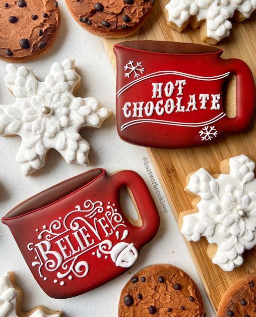 Winter-Inspired Festive Cookie Designs: Elegant Snowflakes, Charming Mugs, and Classic Chocolate Chip Delights.