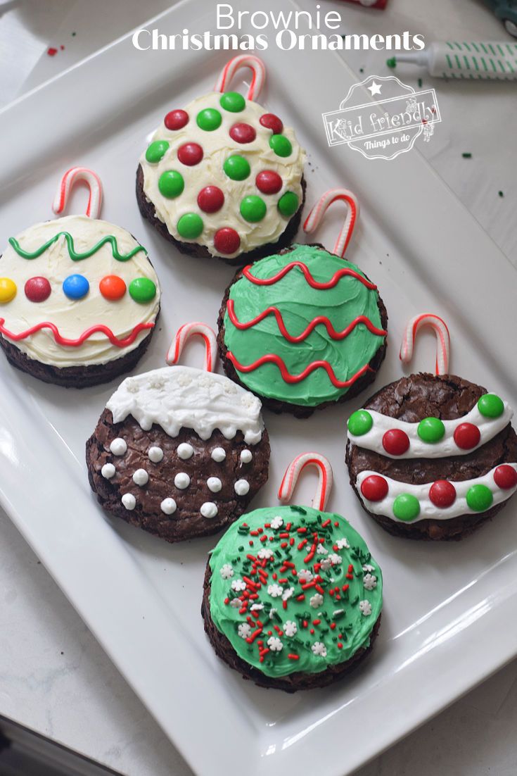 Festively Decorated Colorful Brownie Ornaments on a White Platter