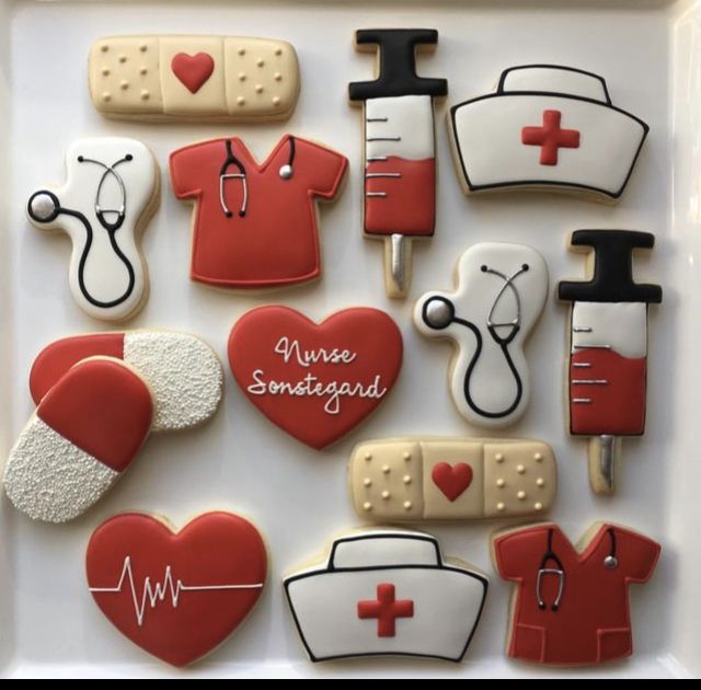 Themed Cookie Designs Celebrating Healthcare with Red and White Decor, Inspiring Unique Nail Art.