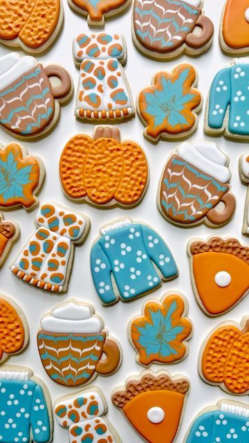 Vibrant Fall-Themed Cookie Designs with Pumpkins, Sweaters, and Mugs