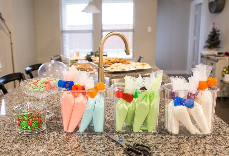 Organized Baking Station Showcasing Colorful Piping Bags and Festive Toppings.