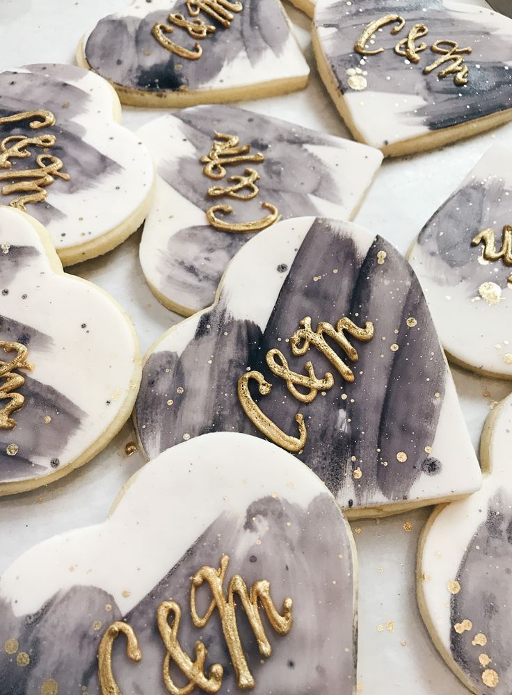 Elegant Heart-Shaped Cookies with Modern Watercolor Design and Golden Accents for Special Occasions