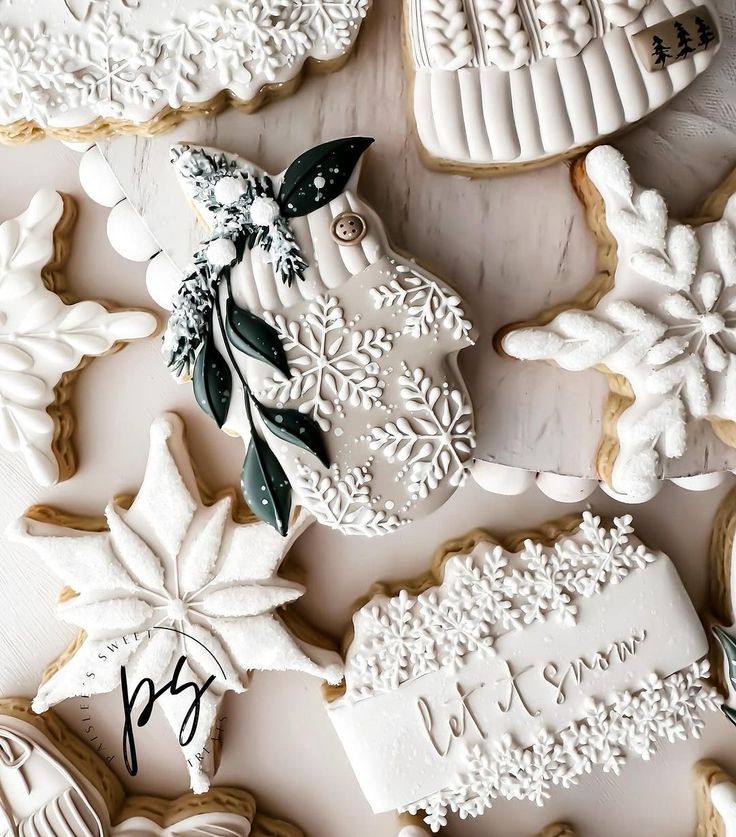 Elegant Winter-Themed Cookie Designs with Botanical Elements and Monochromatic Palette.