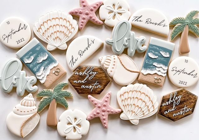 Whimsical Beach-Themed Cookie Designs with Elegant Lettering and Ocean Elements.