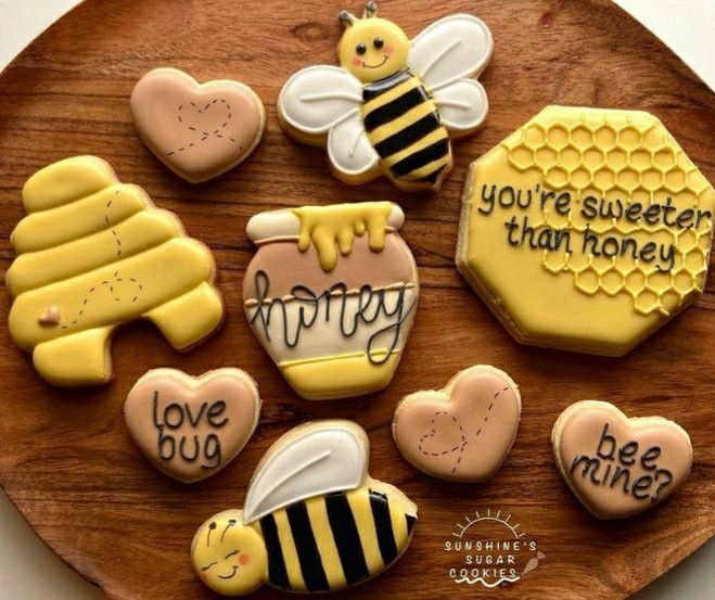 Bee and Honey-Themed Colorful Cookie Assortment with Charming Designs and Cheerful Palette.