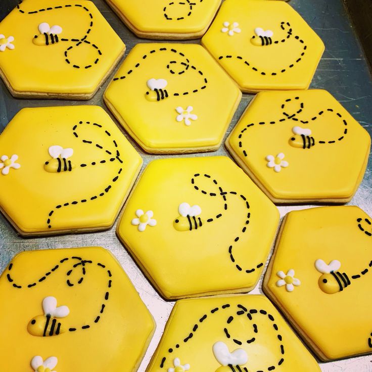 Vibrant Hexagonal Bee-Theme Cookies Inspire Playful Nail Art Designs.