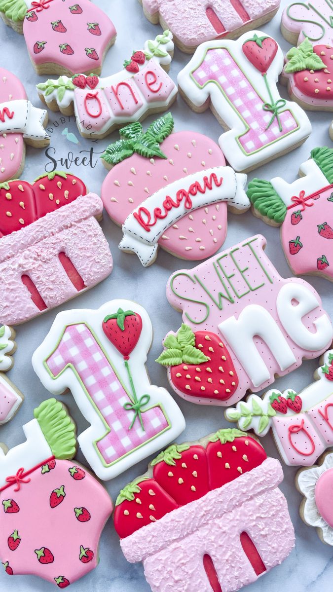 Festive Strawberry-Themed Cookie Designs with Playful Numbers for Joyful Birthday Celebrations.