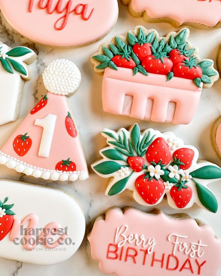 Vibrant Strawberry-Themed Cookie Designs and Festive Cake Hats for Joyful Celebrations.