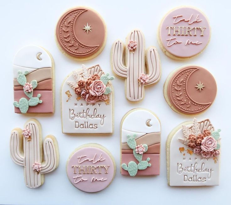 Pastel Botanical Cookies: Intricate Floral and Cactus Designs for Special Celebrations