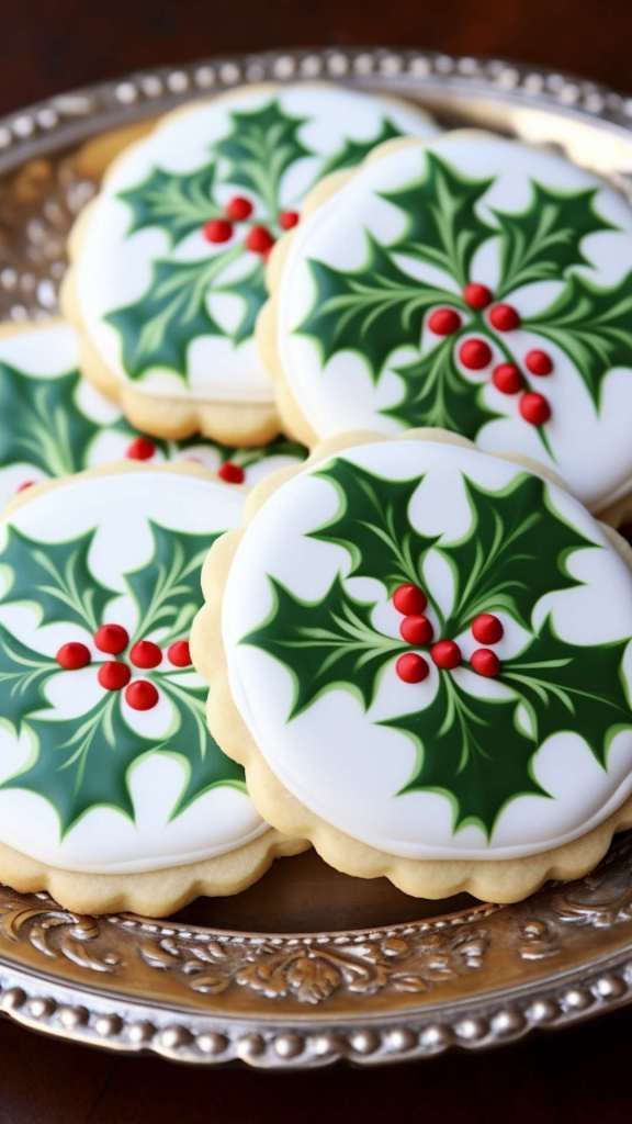 Cheerful Festive Cookies with Holly Designs Make a Perfect Holiday Centerpiece.