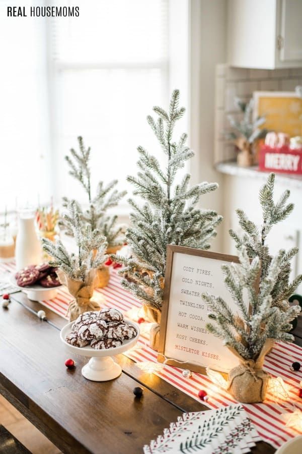 Cozy Winter Tablescape with Miniature Pine Trees and Festive Decor for Holiday Gatherings